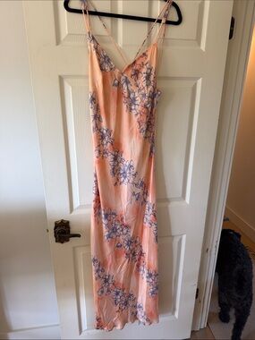 Free People Peach Slip Maxi Dress/ Cassie with Blue Floral Print